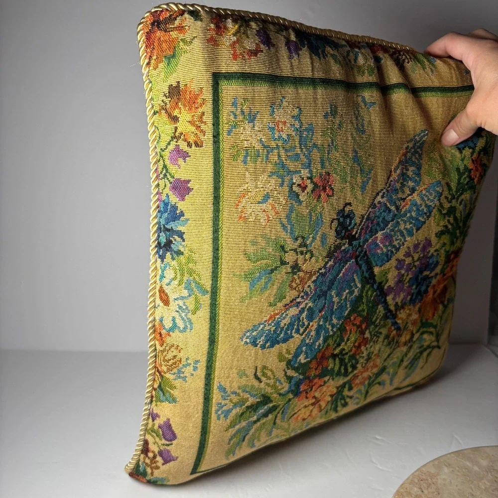 Floral Butterfly/ Dragonfly Tapestry Square Pillow Roped Gold Lining Embroidered